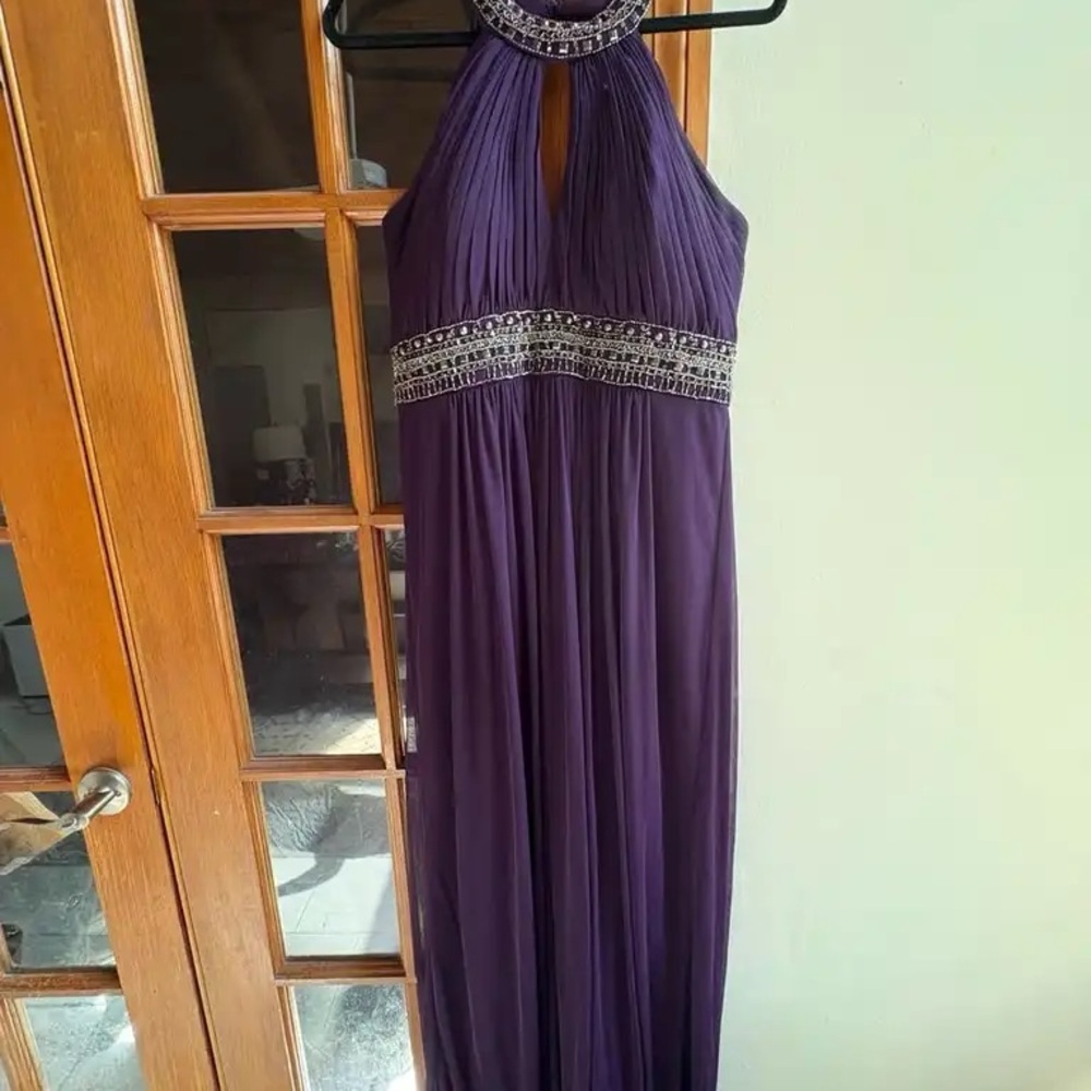 Xscape Purple Pleated Beaded Halter Gown